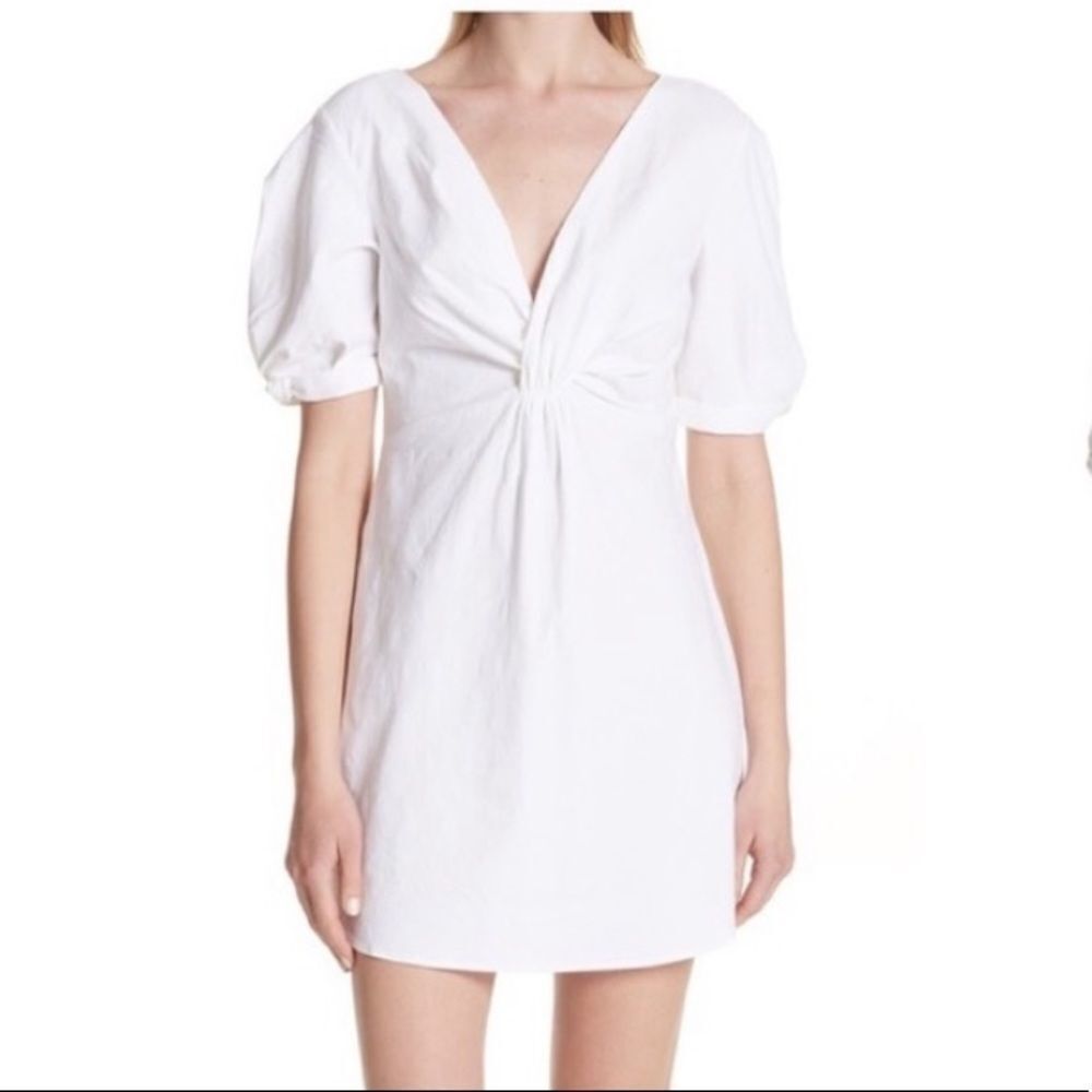 A.L.C Mirren Twist Front Mini Dress White Short Puffed Sleeve Linen Size 0
